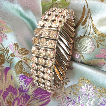 Vintage 1950's Rhinestone Expansion Bracelet Clear Chatons Signed Made in British Hong Kong 