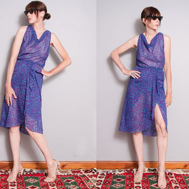 Vintage 1970's | Purple | Printed | Patterned | Sheer | Dress | S 