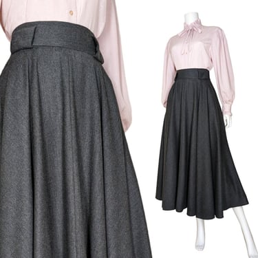 Vintage High Waist Prairie Skirt, Medium / Long and Full Dark Gray Wool Skirt / Flared Maxi Skirt with Pockets 