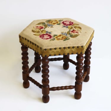 Mid Century Modern Bobbin Base Stool With Floral Needlepoint Fabric Antique Style Footstool Hexagonal Stool Vintage Foot Stool 60s Footrest 