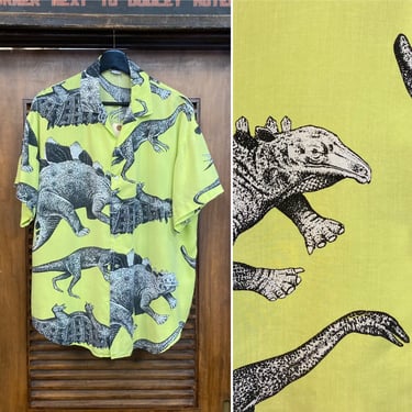 Vintage 1980’s “Esprit Sport” Neon Dinosaur Pop Art Hawaiian Shirt, 80’s Rayon Shirt, Vintage Clothing 