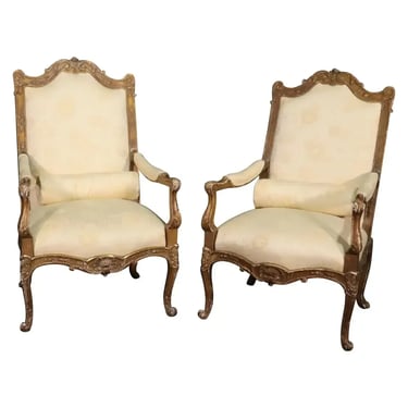 French Louis XV Distressed Painted Armchairs Fautueills, circa 1920s