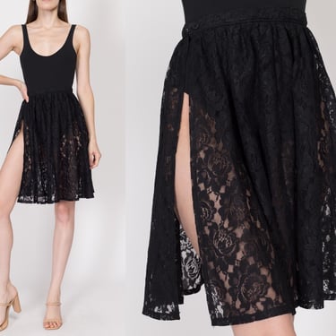 XS Y2K Sheer Black Lace High Slit Mini Skirt | Vintage Gothic See Through High Waisted Wrap Skirt 