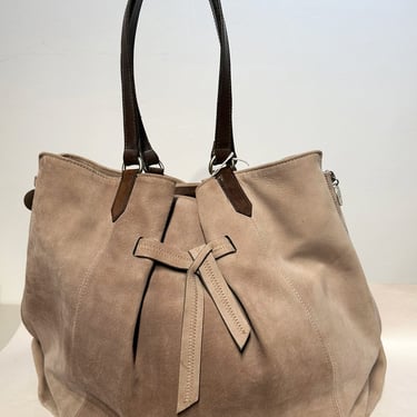 Brunello Cucinelli Pale Grey Suede Zip Sides Leather Handles  Tote Bag