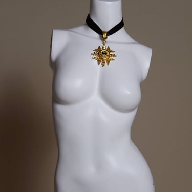 F/W 1992 Donna Karan by Robert Lee Morris runway choker necklace with large gripoix cross medallion and black silk band 