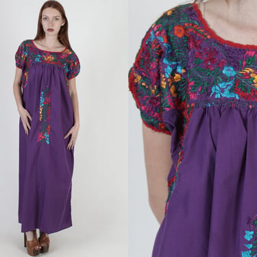 Purple Oaxacan Maxi Dress / Rainbow Floral Mexican Embroidery / Authentic Womens San Antonio Thin Long Dress 