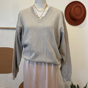 Eddie Bauer 90s Neutral Beige Soft 100% Cotton Oversized V Neck Sweater Large 