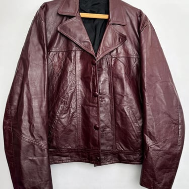 70's Men's Leather Hippie Fight Club Jacket Vintage Red Maroon Burgundy Purple Biker Jacket Coat 1970's, 1960's Large 
