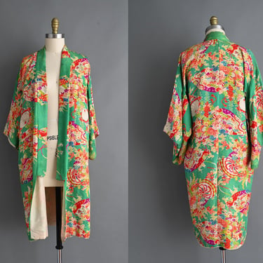 vintage 1930s Kimono Robe | Gorgeous Green Silk Rayon Dressing Gown Robe | Small Medium 