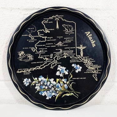 Vintage Metal Alaska Drink Tray Plate Souvenir Retro Forget Me Not Blossom Flowering For-Get-Me-Not Mid-Century Barware State Flower Floral 