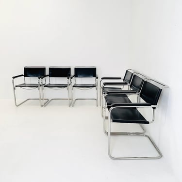 Set of 6 Bauhaus black leather iconic armchairs by mart Stam for Thonet 1980s 