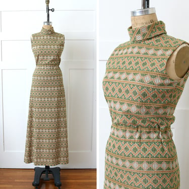 vintage 1970s long dress • geometric print orange & green sleeveless turtleneck maxi dress 