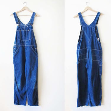 Vintage Sears Denim Overalls Small 32 Waist - 1980s Dark Wash Straight Leg Blue Jean Long Overalls Gender Neutral 