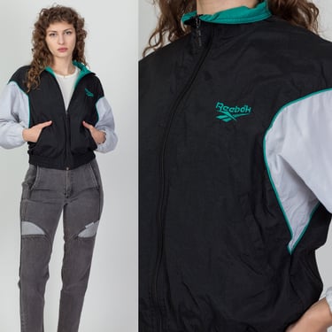 90s Reebok Cropped Windbreaker Jacket - Small | Vintage Black Color Block Zip Up Streetwear Track Jacket 