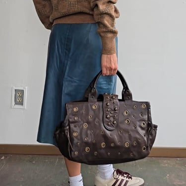 Dark Brown Grommet Leather Satchel