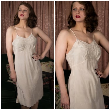 1930s Slip - Luxurious Vintage 30s Lush Silk Brocade Bias Cut Slip with Embroidery and Drawn Lace Fill 