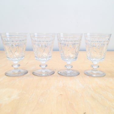 Set of 4 Crystal Goblets, Sparkling Clear Cut Glass Water Wine Glasses, Vintage Footed Barware Stemware 