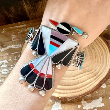 RENEWAL OF LIFE Zuni Peyote Bird Cuff | Large Silver Turquoise Jet Coral & Mother of Pearl Bracelet | Native American Southwestern Jewelry 