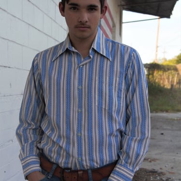 Vintage 1970s Shirt, Montgomery Ward, Blue White Mustard Cotton Blend, No Iron, M 15/15.5 Mens 