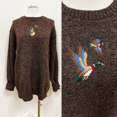 1990s Brown Knit Pullover Sweater w Mallard Duck Embroidery by Robert Bruce XLT USA | Vintage, Oversized, Comfy, Warm, Cozy, Cute, Gift 