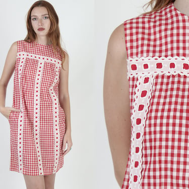 1970's Americana Picnic Style Mini Dress, Vintage Checkered Lace Trim With Side Pocket, Red And White Gingham All Over Print Material 