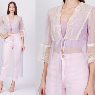 70s Lilac Lace Trim Peignoir Robe - Small | Vintage Sheer Maxi Negligee Dressing Gown 