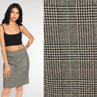 Houndstooth Skirt 60s Wool Pencil Skirt Mod Mini Skirt Checkered High Waisted Wiggle Retro Fitted Girly Chic Secretary Vintage 1960s Small s 