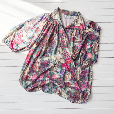 cute cottagecore blouse | 70s 80s plus size vintage pink purple romantic historic garden scene short sleeve long tunic shirt 