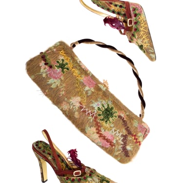 Christian Lacroix Vintage AW1998 Green Floral Tapestry Embellished Handbag and Shoes Set
