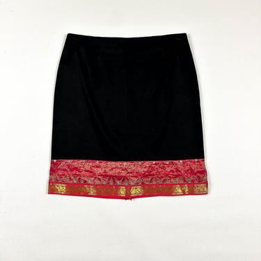 1990s / y2k / Black and Pink Silk Stripe Skirt / Mirrored Details / Mirrors / India / Indian / Silk Trim / Gold / Lame / Metallic / 00s / 