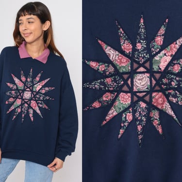 Floral Collared Sweatshirt 90s Starburst Applique Navy Blue Rose Sweatshirt Retro Shabby Chic Slouchy Graphic Vintage 1990s Extra Large xl 