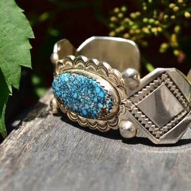 Vintage Sterling Silver Spider Web Turquoise Cuff Bracelet, Engraved Silver Cuff, Bright Blue Turquoise Stone, Southwestern Style, 5 1/2" L 