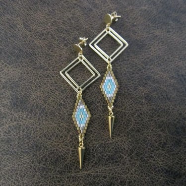 Long seed bead earrings, gold and blue 