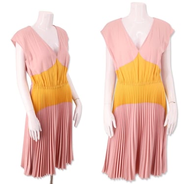 PRADA dress, pink and yellow Spring Pleated Fit and Flare Dress, miu miu dress SZ L 