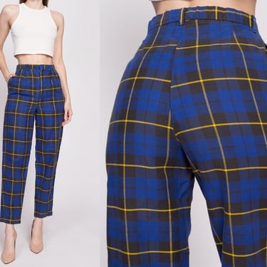 Small 80s Blue & Yellow Plaid High Waisted Pants 25.5" | Vintage Retro Pleated Tapered Leg Trousers 
