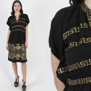 Vintage 80s Greek Gold Metallic Dress, Ancient Roman Style Outfit, Tribal Full Skirt Womens Knee Length Dress 