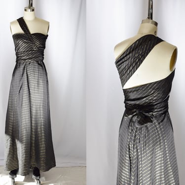1950s Taffeta Gown with Convertible Bodice | XS/S | Vintage early 50s Black and Gold Dress with Full Bias Skirt and Wrap Top 