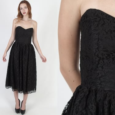80s Black Floral Lace Dress Bustier Full Skirt Gothic Prom Gown Party Maxi 