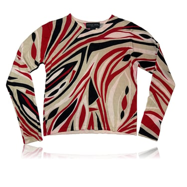 100% Silk Red Black White Graphic Geometric Pattern Long Sleeve Knit Top // August Silk // Size Medium 