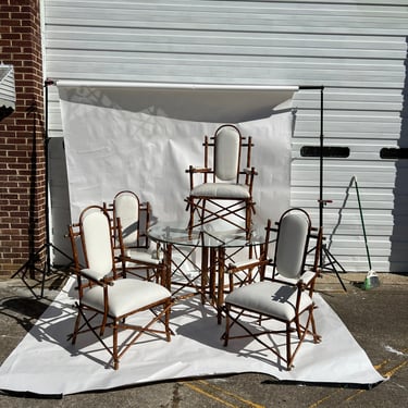 90s Coastal McGuire Style Stick-Built Tiger Bamboo + Pewter + Glass + White Sunbrella Five Piece Dining Set 