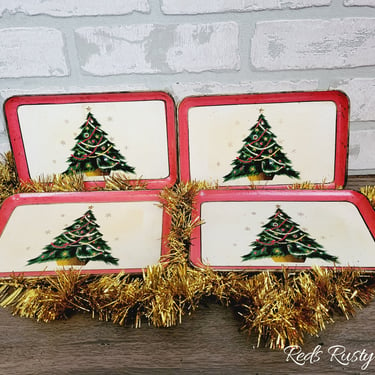 Set of 4  Vintage Small Christmas Tree Serving Trays 