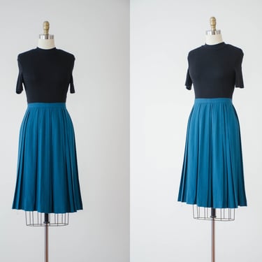 blue pleated wool skirt | 70s 80s vintage teal turquoise bright blue dark academia heavy warm schoolgirl wool knee length skirt 