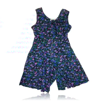 90s Black Magenta Violet Teal Floral Romper Playsuit // Skater Cut // Button Up // Sostanza // Size Medium 