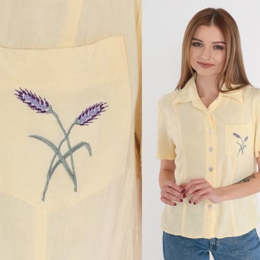 Embroidered Lavender Flower Top 90s Yellow Button up Blouse Short Sleeve Shirt Summer Bohemian Floral Linen Blend 1990s Vintage Medium 10 