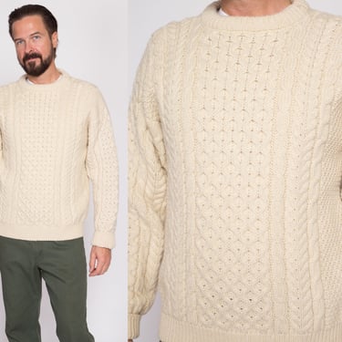 Medium Vintage LL Bean Cable Knit Fisherman Sweater | 90s Slouchy Irish Cream Wool Pullover Jumper 