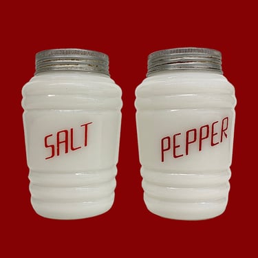 Vintage Salt and Pepper Shakers Retro 1940s Farmhouse + White Milk Glass + Beehive + Red Letters + Metal Tops + Spice Storage + Kitchen 