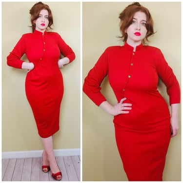 1980s Vintage Ma Cherie Red Knit Wiggle Dress / 80s Asymmetrical Mandarin Collar Dress / Size Medium - Large 