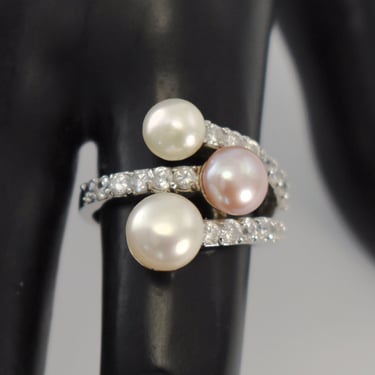 Funky 90's 925 silver pearls & clear crystal size 8 cocktail ring, unusual sterling bling statement 