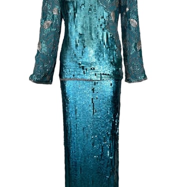 Early 1980s Halston Aqua Sequin and Beaded Ensemble