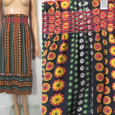 Vintage 60s/70s Flower Power Cotton Midi Skirt Size 28/29 Waist 